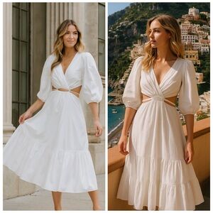 Astr Cream Midi Dress with Puff Sleeves and Waist Cutouts